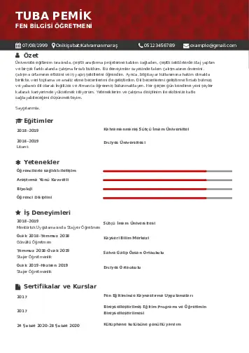 Fen Bilgisi Öğretmeni CV Örnekleri cv indir